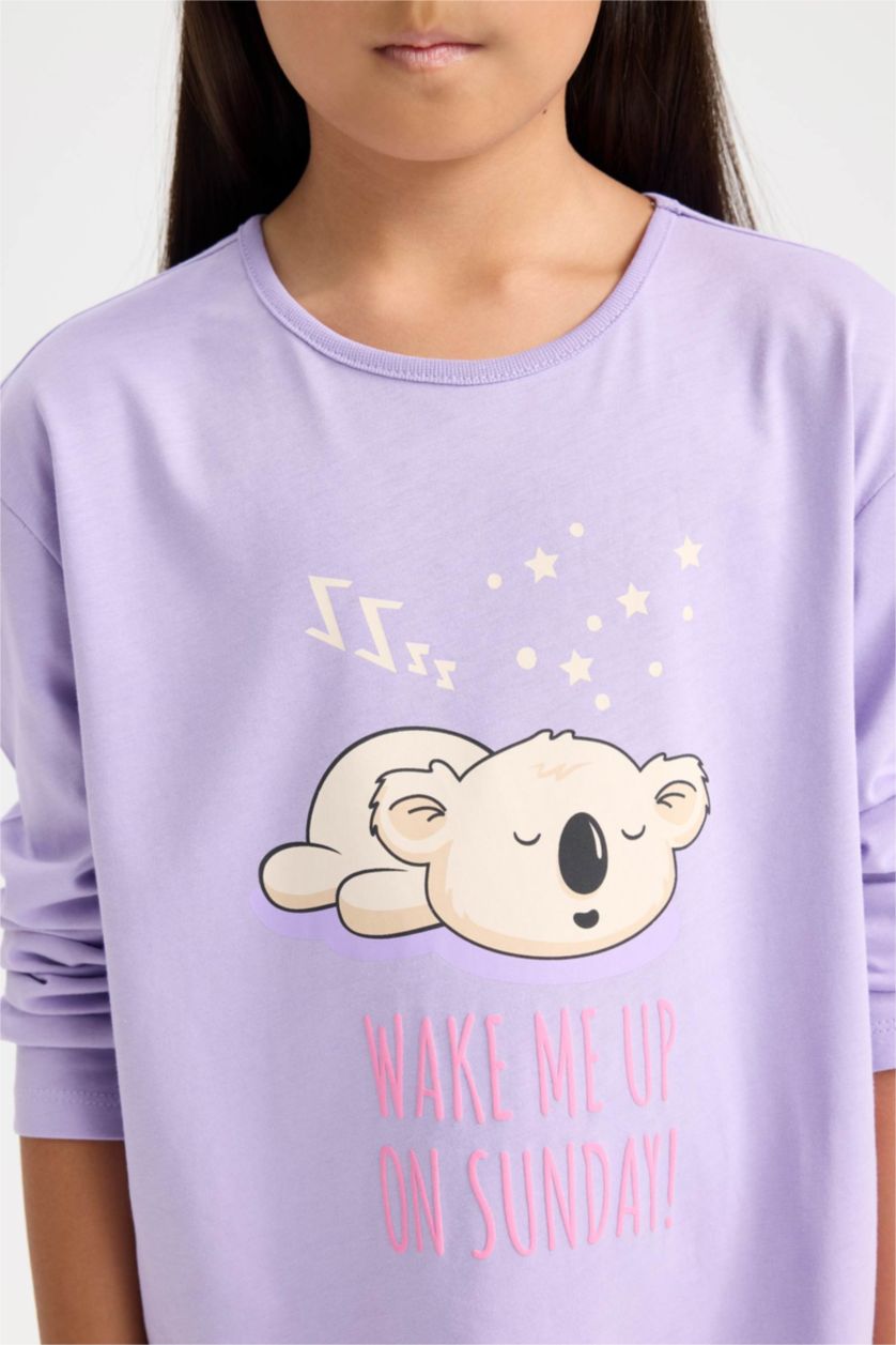 Kız Çocuk - Genç Kız Lila Kız Çocuk Pijama Takımı Baskılı Uzun Kollu Üst Uzun Alt
