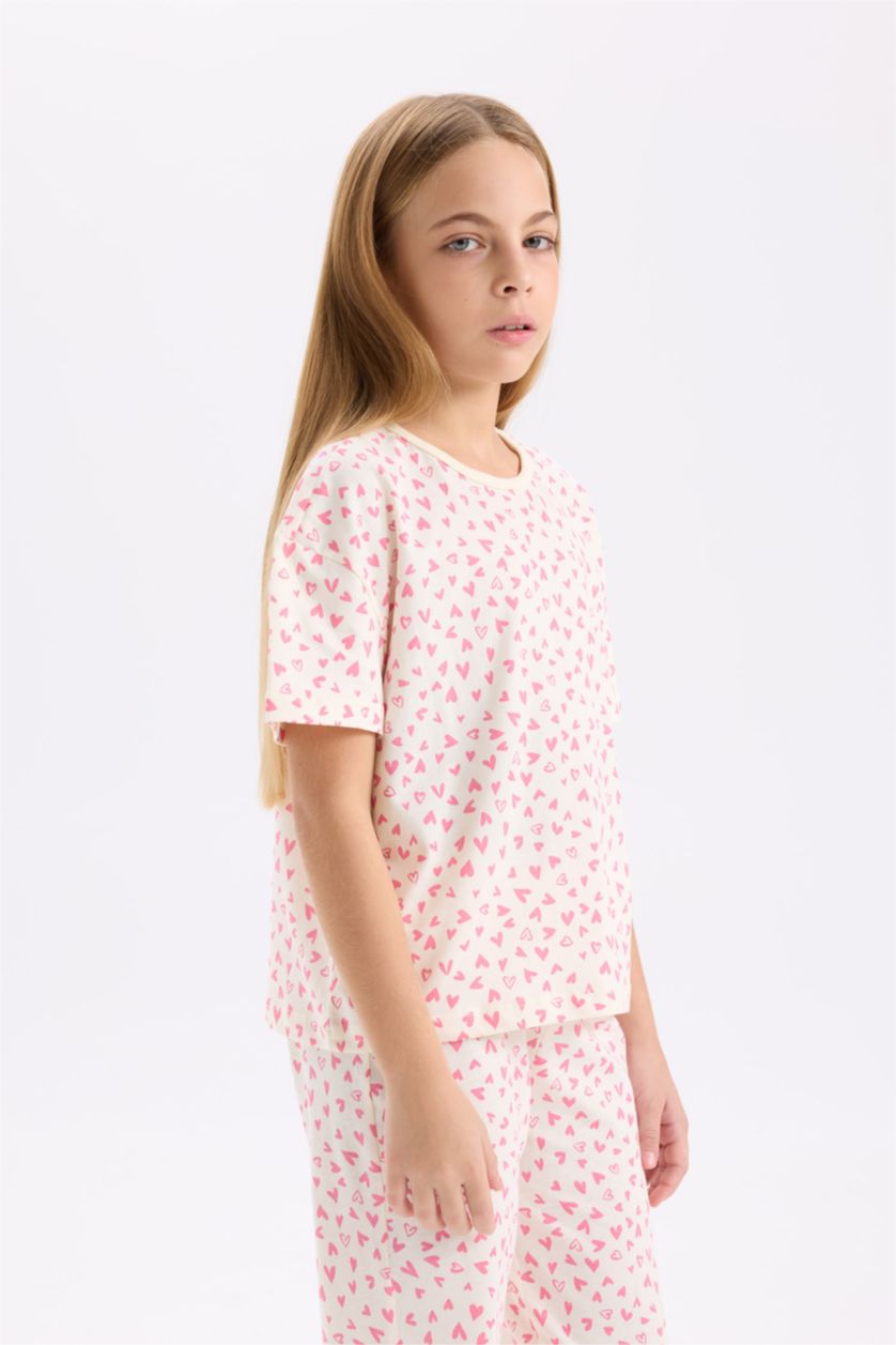 Kız Çocuk - Genç Kız Ekru Pijama Takımı Kalp Desenli Kısa Kollu Üst Uzun Alt Kız Çocuk