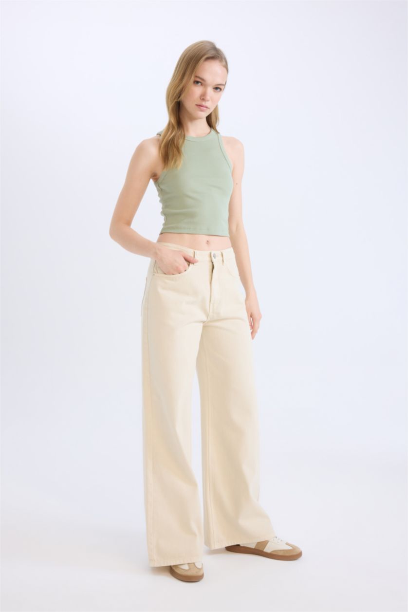 نساء اللون الرملي بنطرون جبردين برجل واسع وايد ليج وخصر عالي