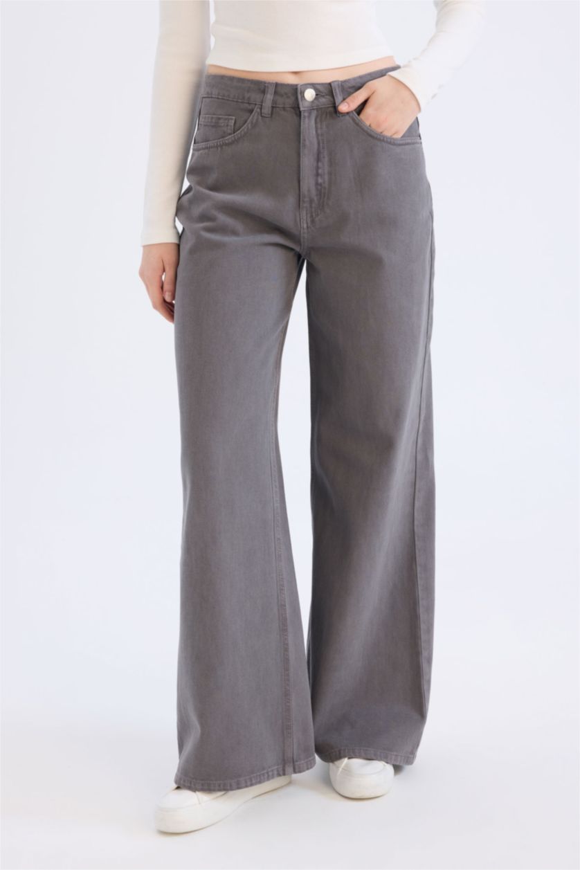 نساء رمادي فاتح بنطرون جبردين برجل واسع وايد ليج وخصر عالي