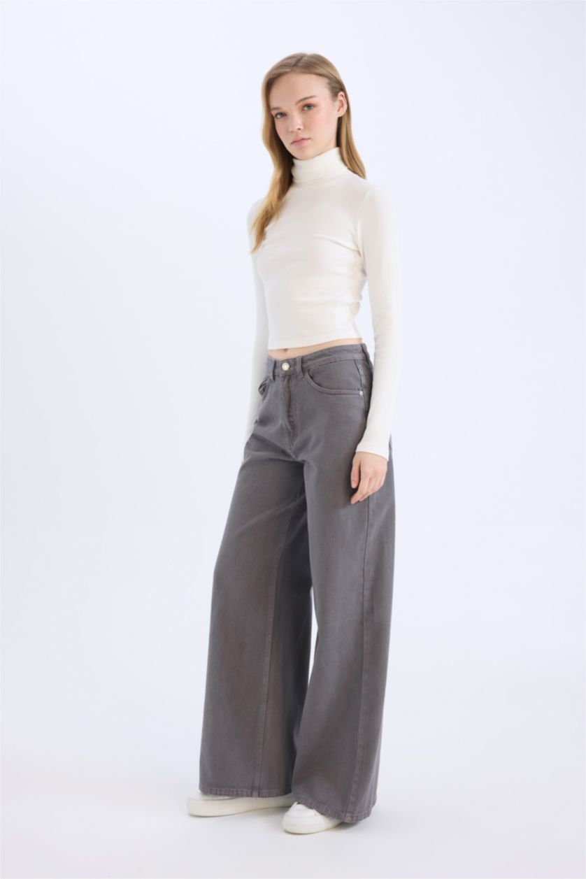 نساء رمادي فاتح بنطرون جبردين برجل واسع وايد ليج وخصر عالي