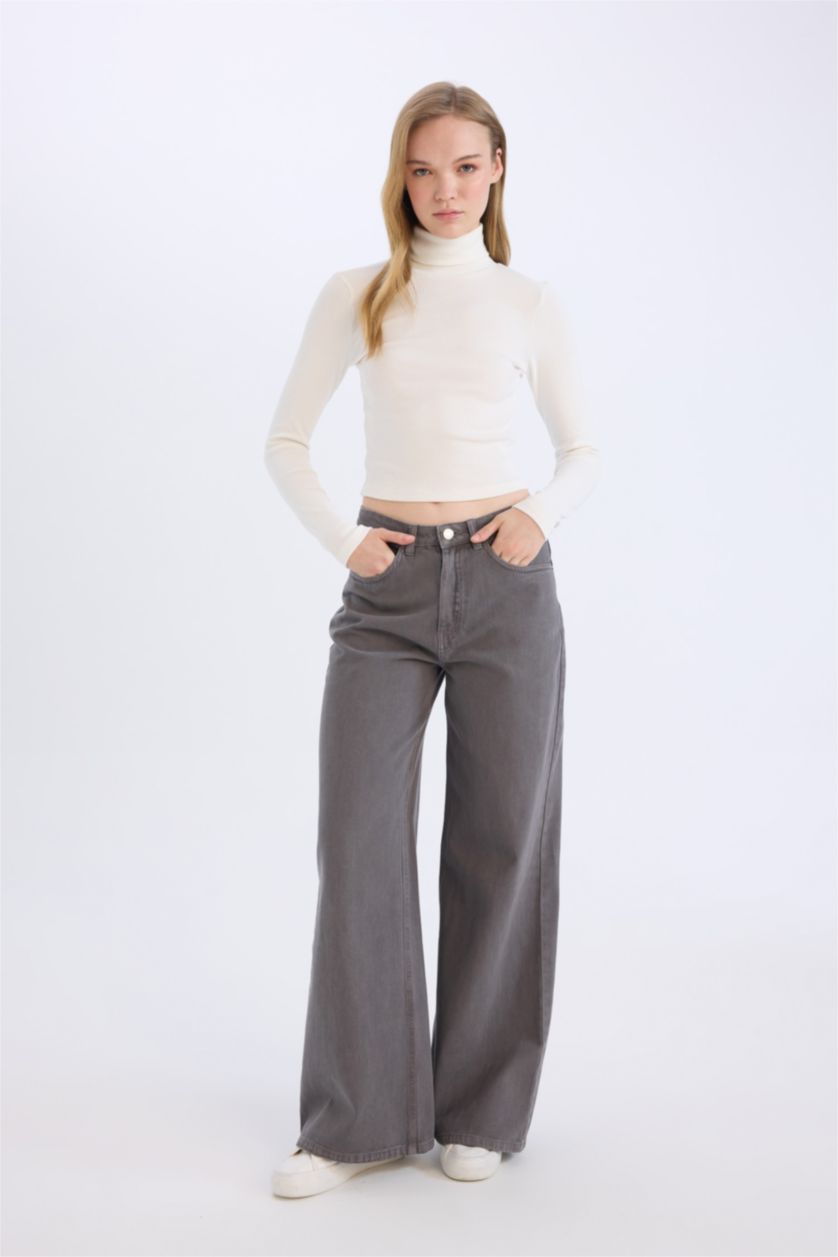 نساء رمادي فاتح بنطرون جبردين برجل واسع وايد ليج وخصر عالي