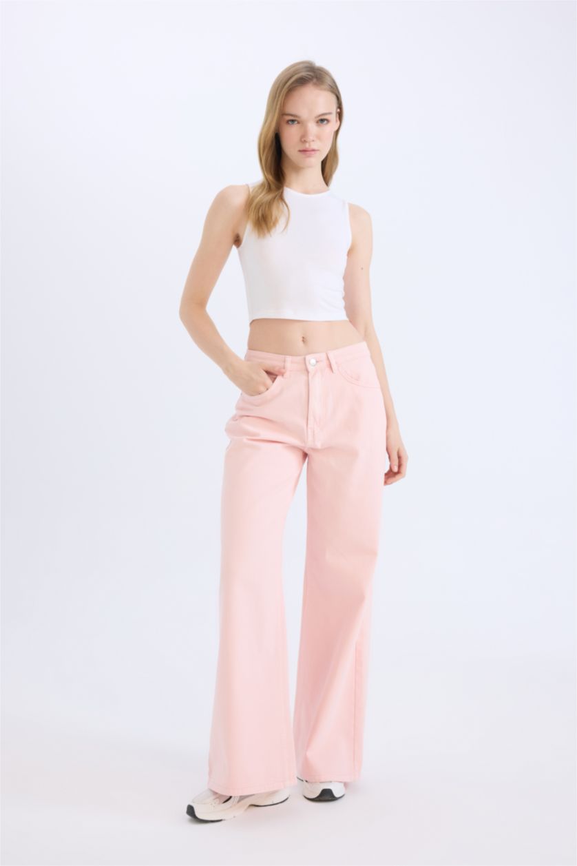 Woman Pink Wide Leg Gabardine Trousers