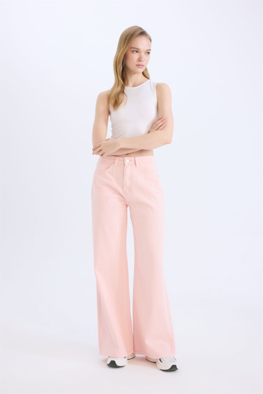 Woman Pink Wide Leg Gabardine Trousers