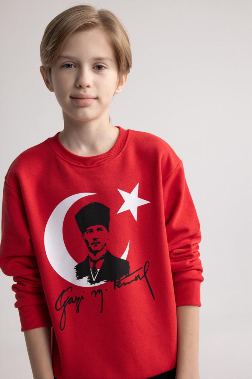 Erkek Çocuk - Genç Erkek Kırmızı Bisiklet Yaka Atatürk Baskılı Kırmızı Sweatshirt Erkek Çocuk