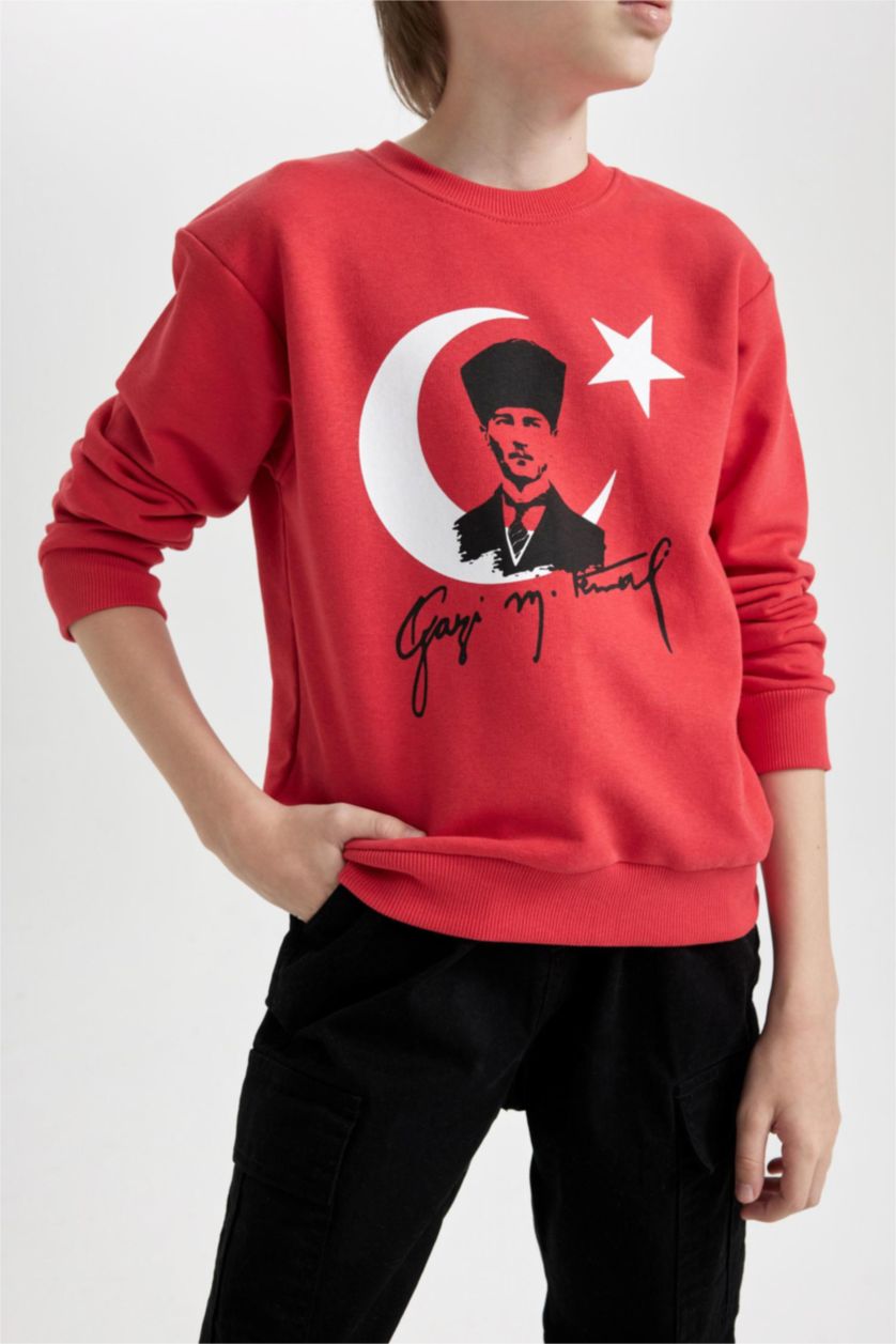 Erkek Çocuk - Genç Erkek Kırmızı Bisiklet Yaka Atatürk Baskılı Kırmızı Sweatshirt Erkek Çocuk