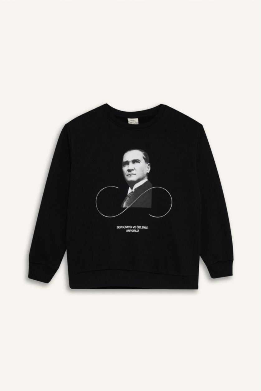 Erkek Çocuk - Genç Erkek Siyah Bisiklet Yaka Atatürk Baskılı Sweatshirt Erkek Çocuk