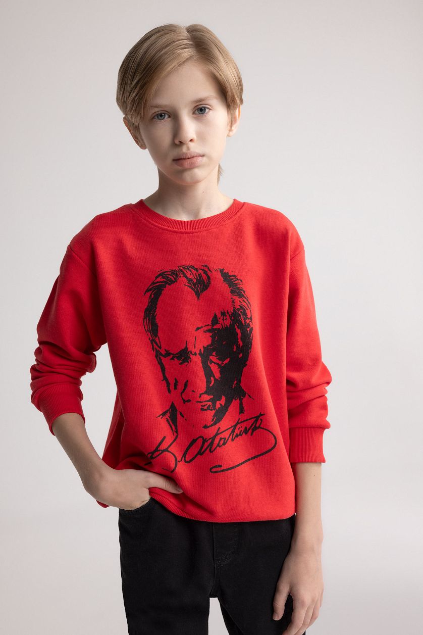 Erkek Çocuk - Genç Erkek Kırmızı Kırmızı Bisiklet Yaka Atatürk Baskılı Sweatshirt Erkek Çocuk