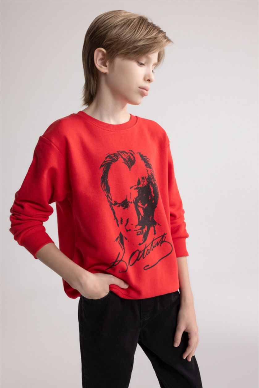 Erkek Çocuk - Genç Erkek Kırmızı Kırmızı Bisiklet Yaka Atatürk Baskılı Sweatshirt Erkek Çocuk