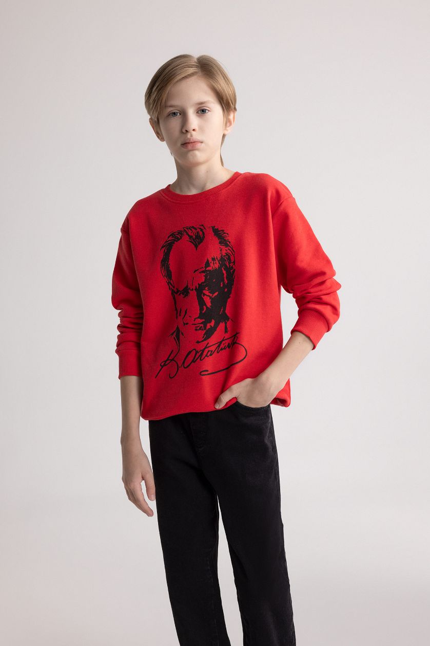 Erkek Çocuk - Genç Erkek Kırmızı Kırmızı Bisiklet Yaka Atatürk Baskılı Sweatshirt Erkek Çocuk