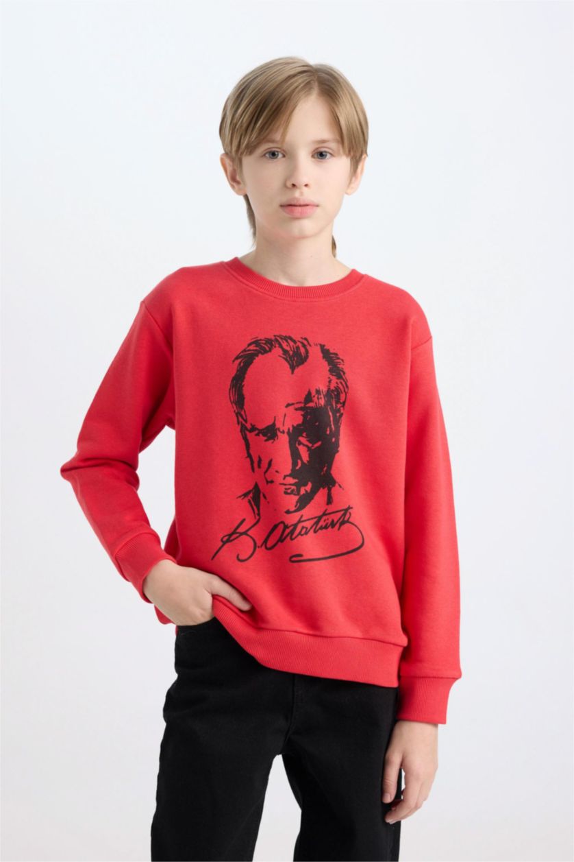 Erkek Çocuk - Genç Erkek Kırmızı Kırmızı Bisiklet Yaka Atatürk Baskılı Sweatshirt Erkek Çocuk