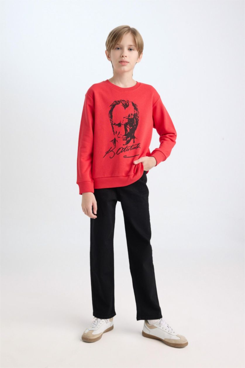 Erkek Çocuk - Genç Erkek Kırmızı Kırmızı Bisiklet Yaka Atatürk Baskılı Sweatshirt Erkek Çocuk