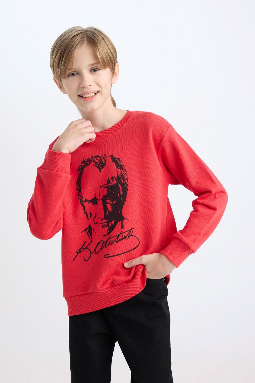 Erkek Çocuk - Genç Erkek Kırmızı Kırmızı Bisiklet Yaka Atatürk Baskılı Sweatshirt Erkek Çocuk