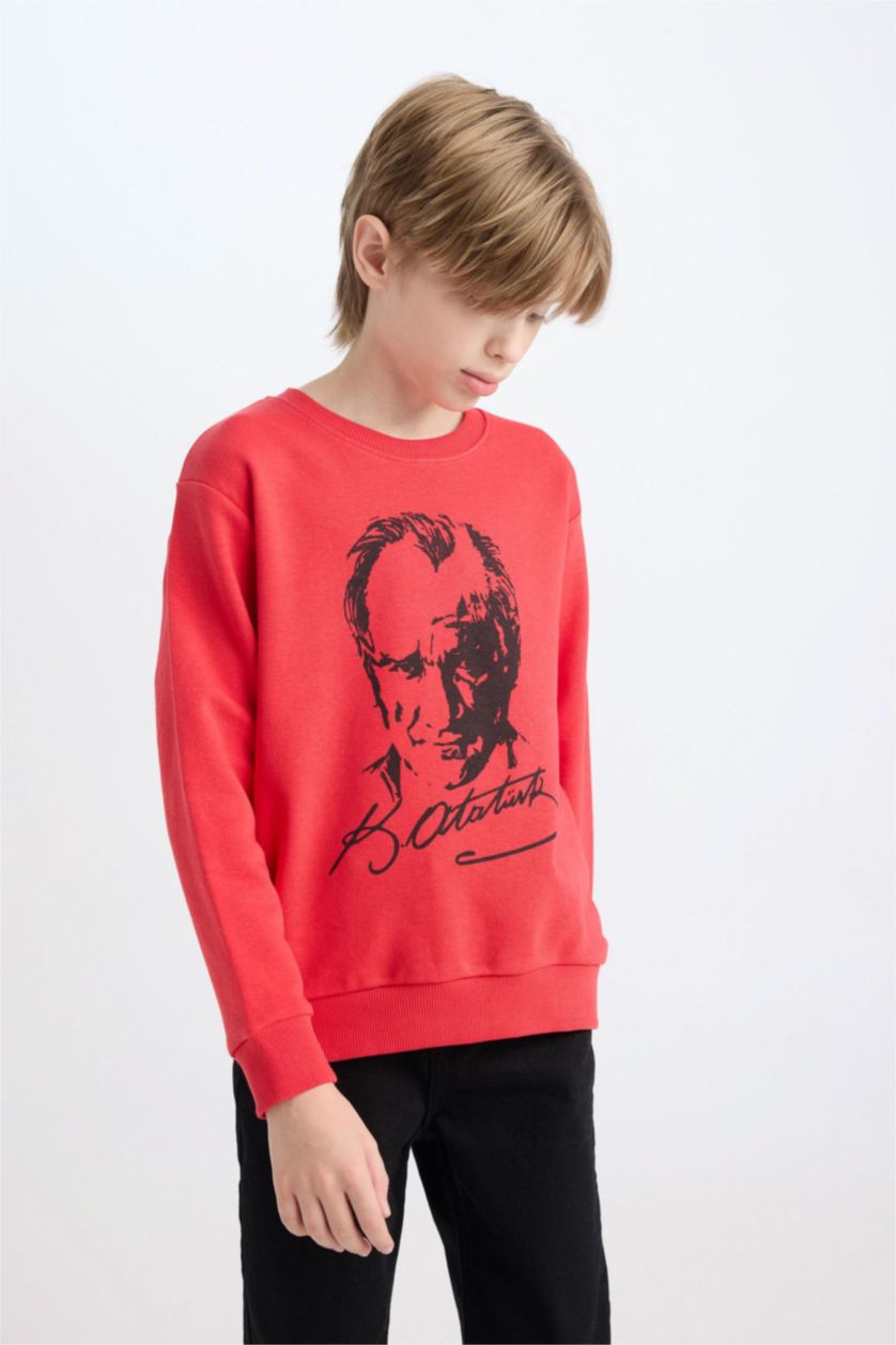 Erkek Çocuk - Genç Erkek Kırmızı Kırmızı Bisiklet Yaka Atatürk Baskılı Sweatshirt Erkek Çocuk