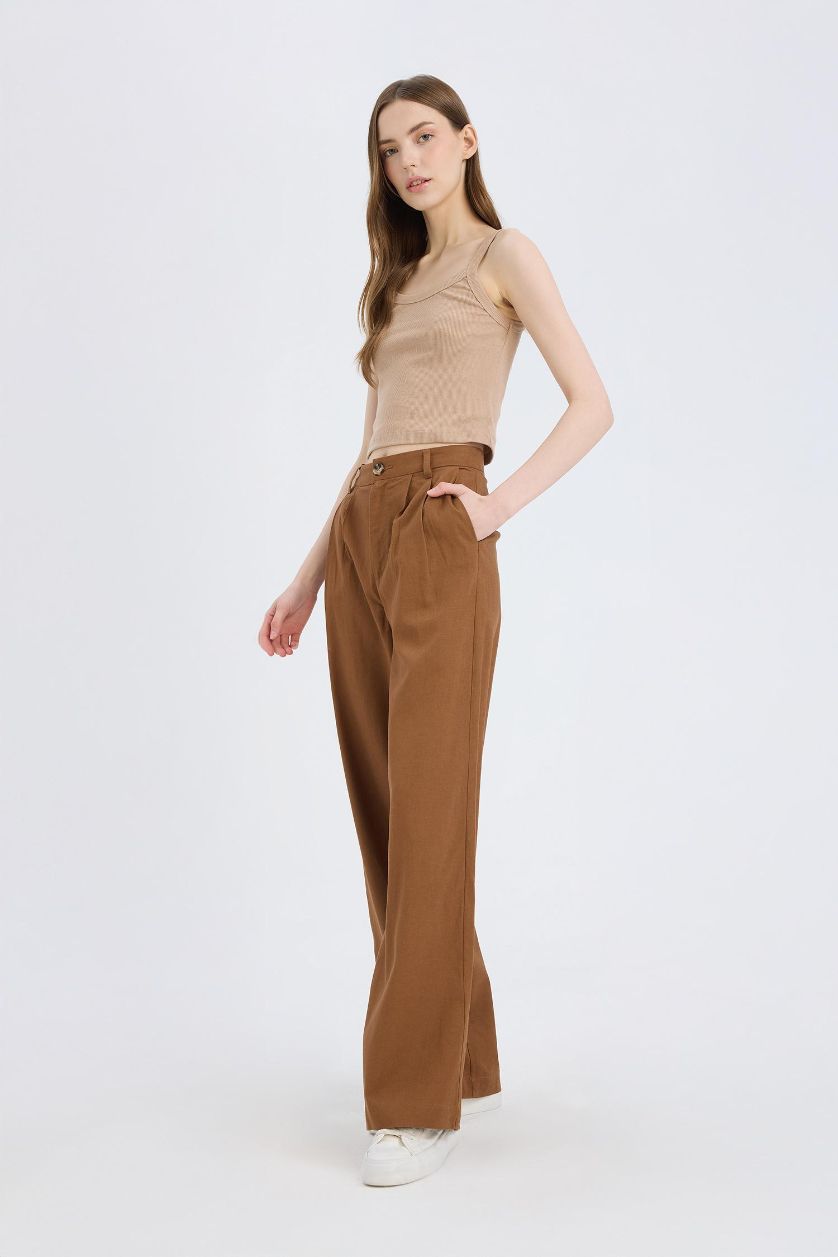 Woman Brown Wide Leg Three Pocket High Waist Linen Blend Trousers