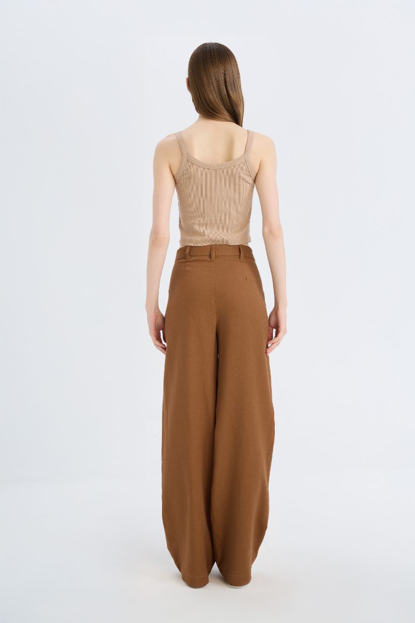 Woman Brown Wide Leg Three Pocket High Waist Linen Blend Trousers