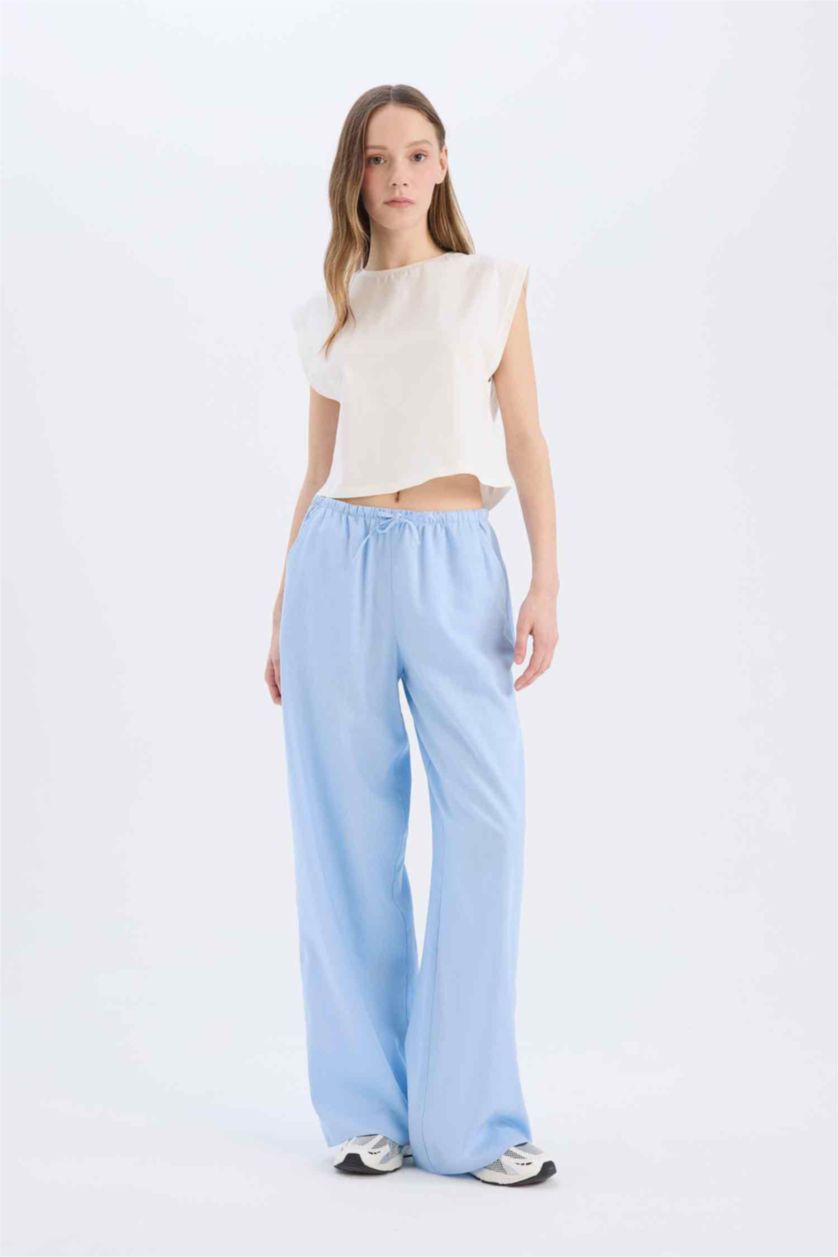 Woman Blue Wide Leg Linen Blend Trousers