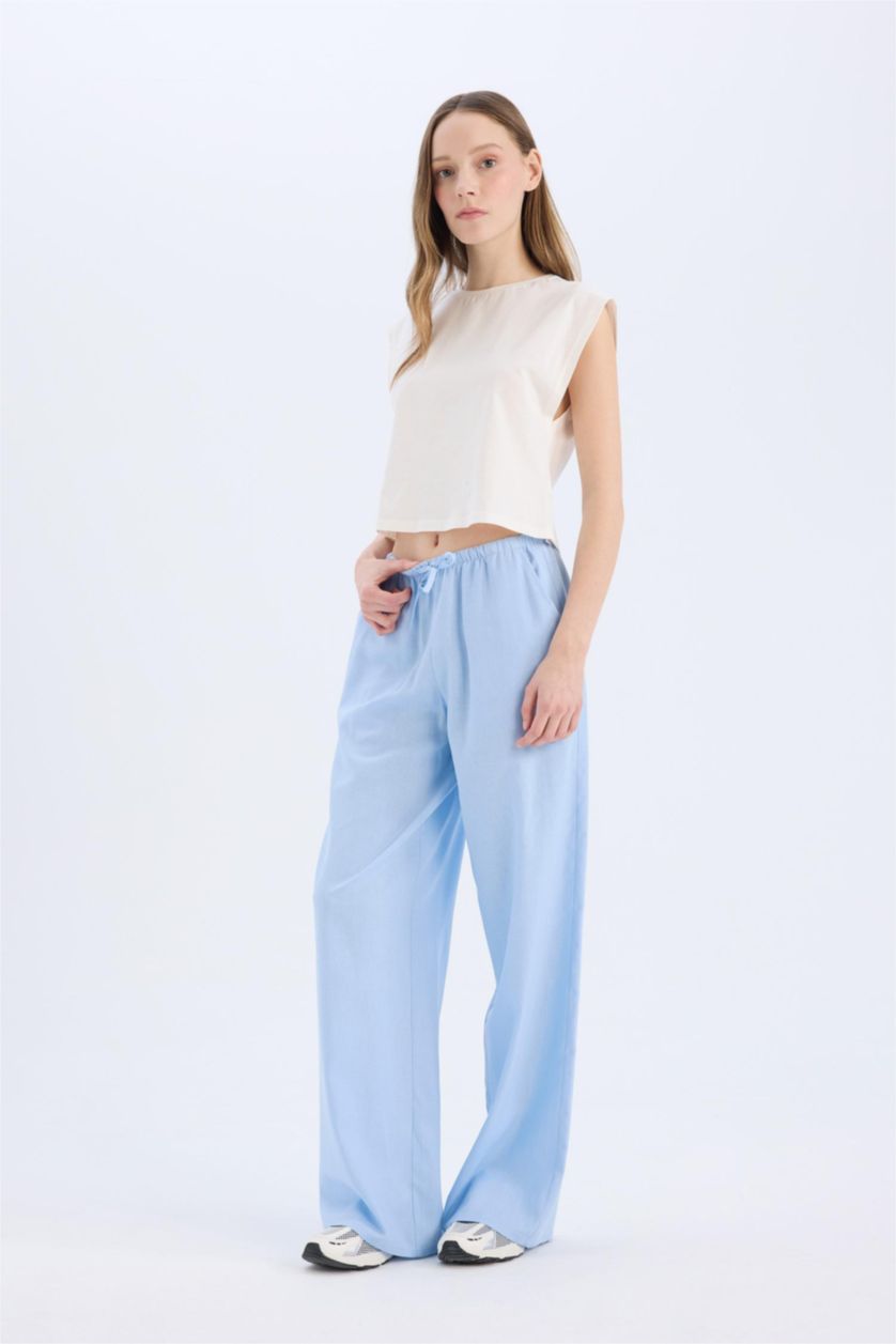 Woman Blue Wide Leg Linen Blend Trousers