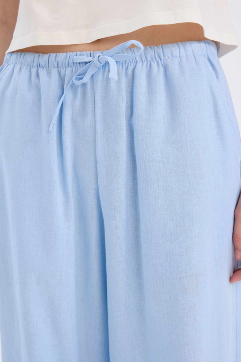Woman Blue Wide Leg Linen Blend Trousers
