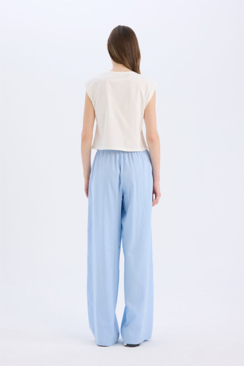 Woman Blue Wide Leg Linen Blend Trousers