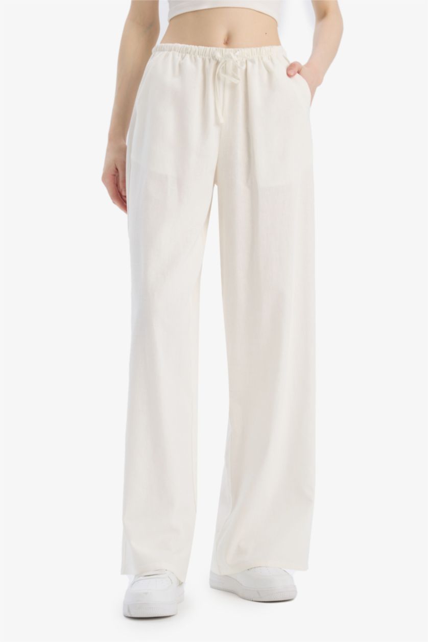 نساء اوف وايت بنطلون برجل واسع وايد ليج من مزيج الكتان