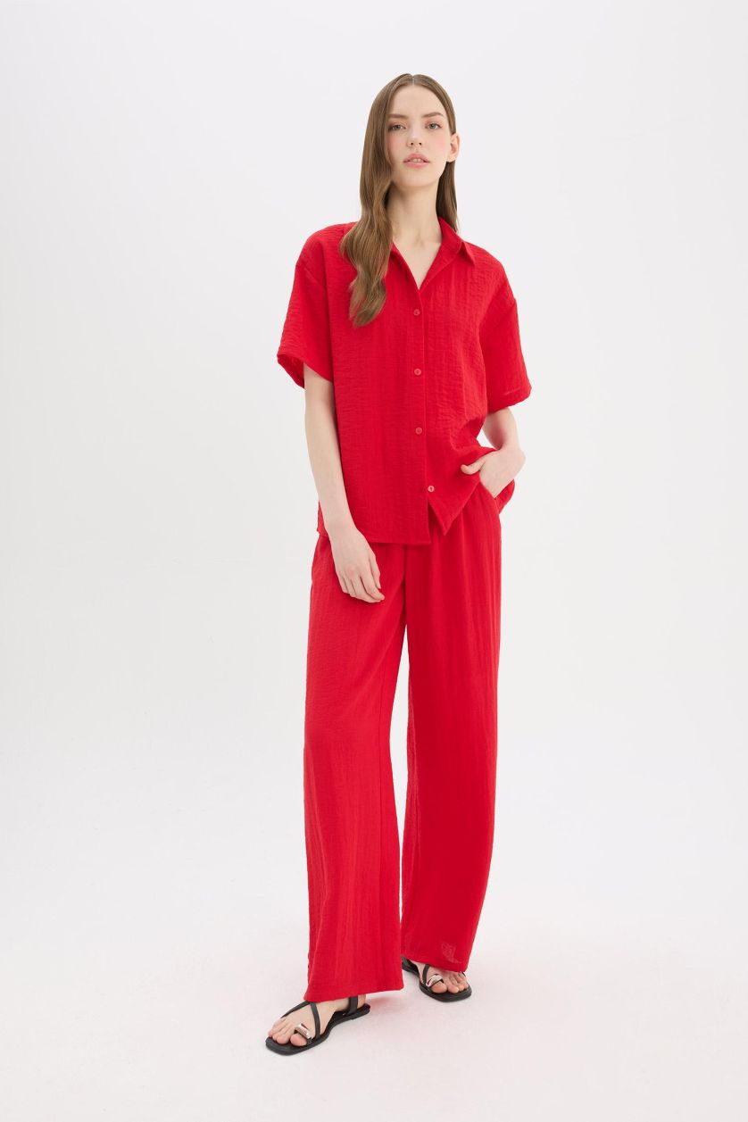 FEMME Rouge Pantalon large à taille standard avec poches