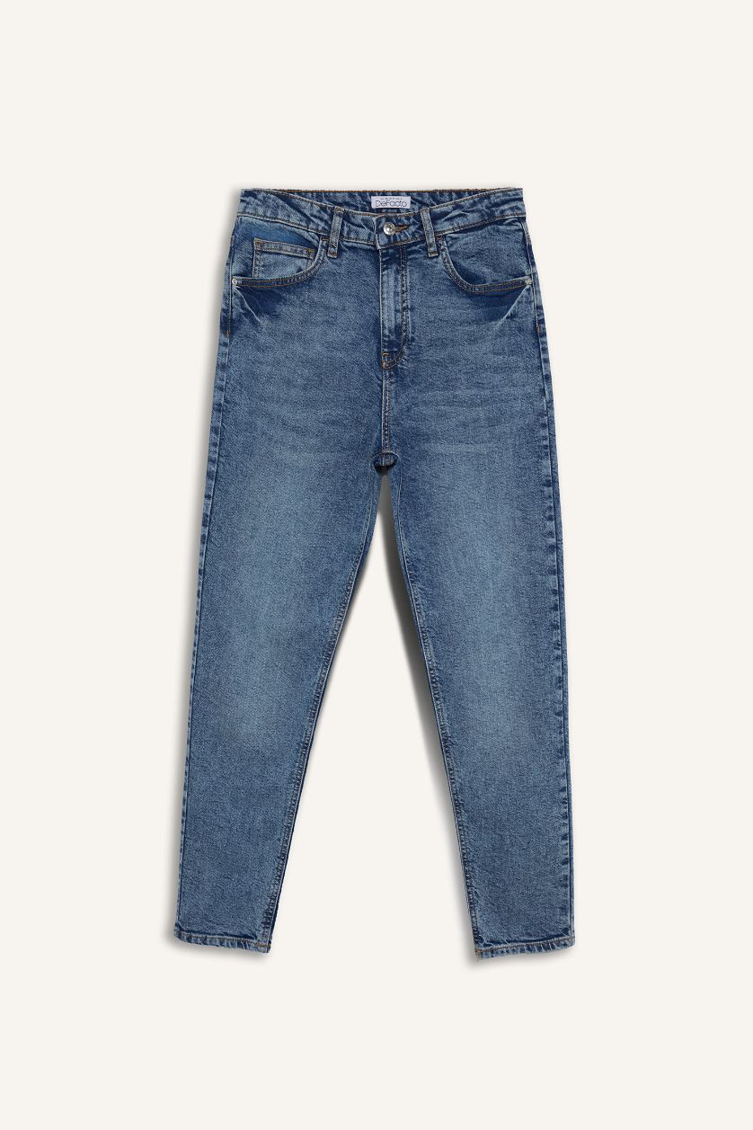 Kadın Mavi Lina Comfort Mom Normal Bel Düz Paça Jean Kar Yıkamalı Pantolon