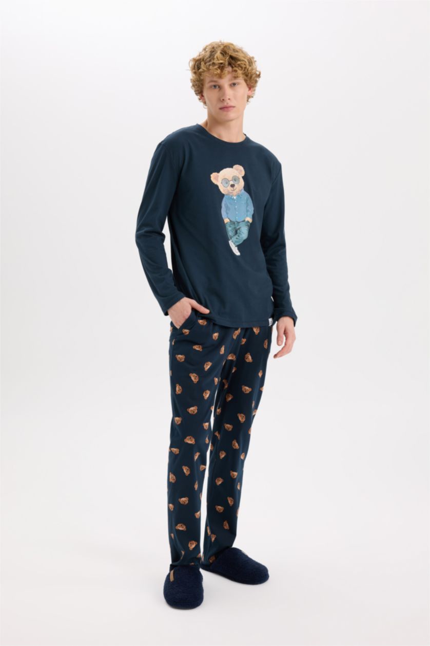 HOMME Indigo Pyjama Top à col rond avec imprimé Ours et manches longues et Pantalon