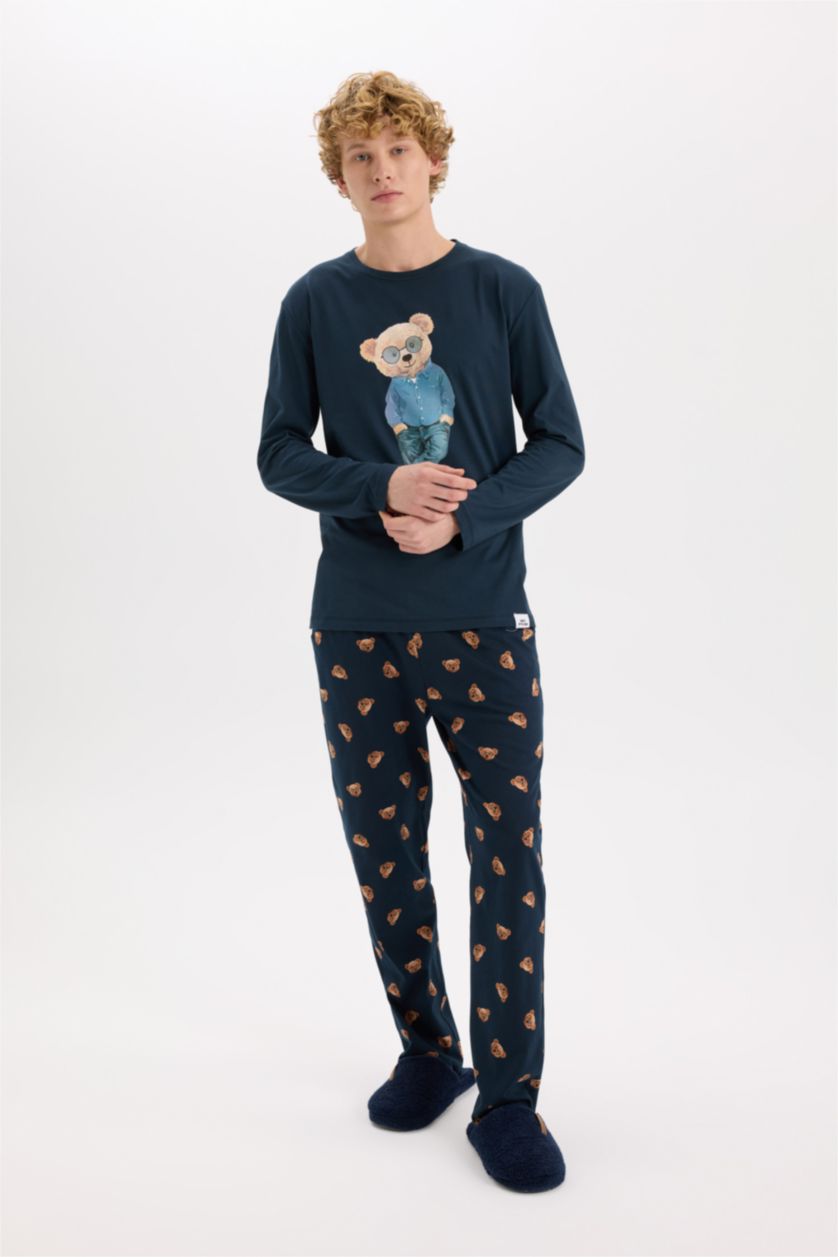 HOMME Indigo Pyjama Top à col rond avec imprimé Ours et manches longues et Pantalon