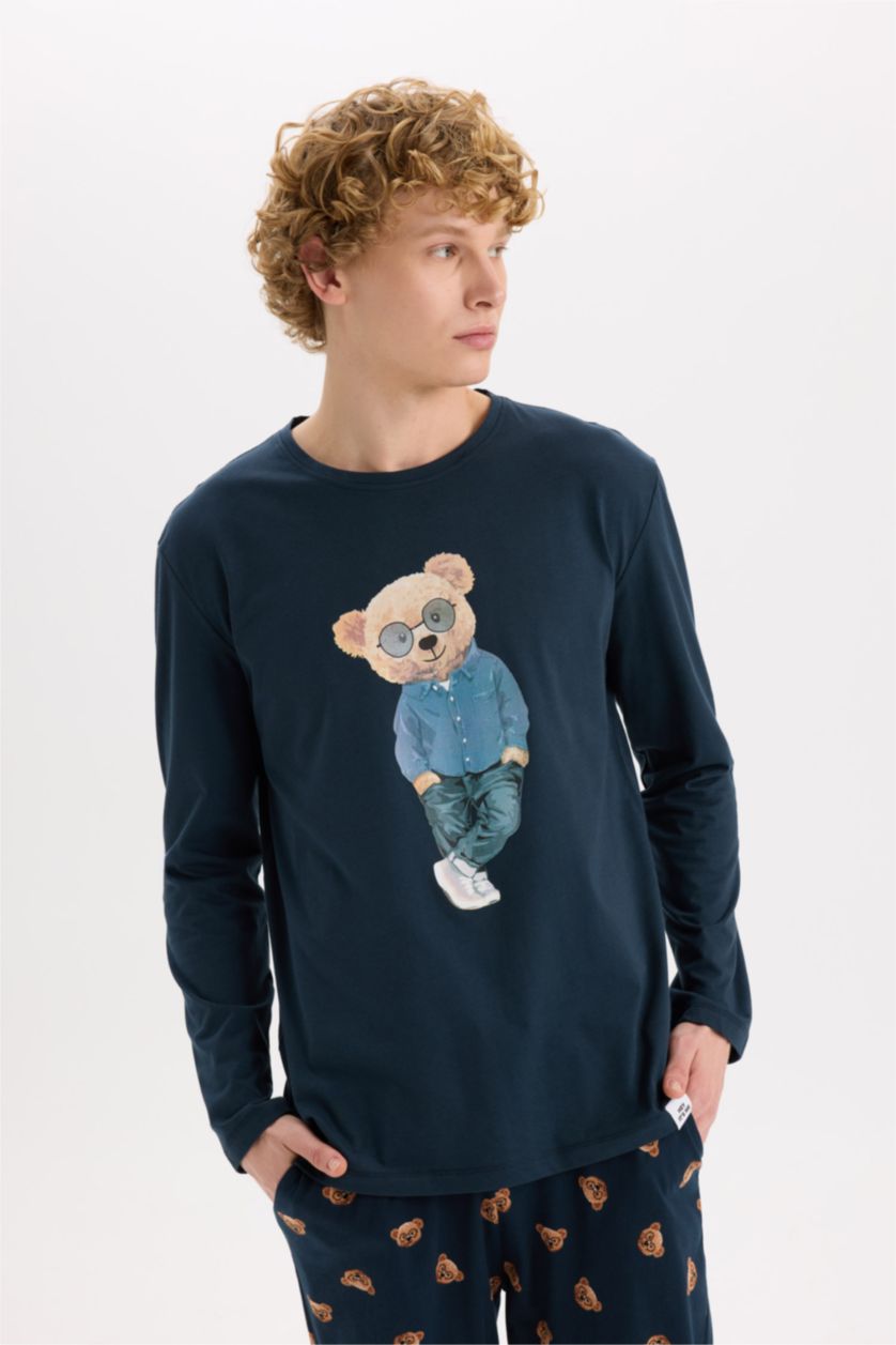 HOMME Indigo Pyjama Top à col rond avec imprimé Ours et manches longues et Pantalon