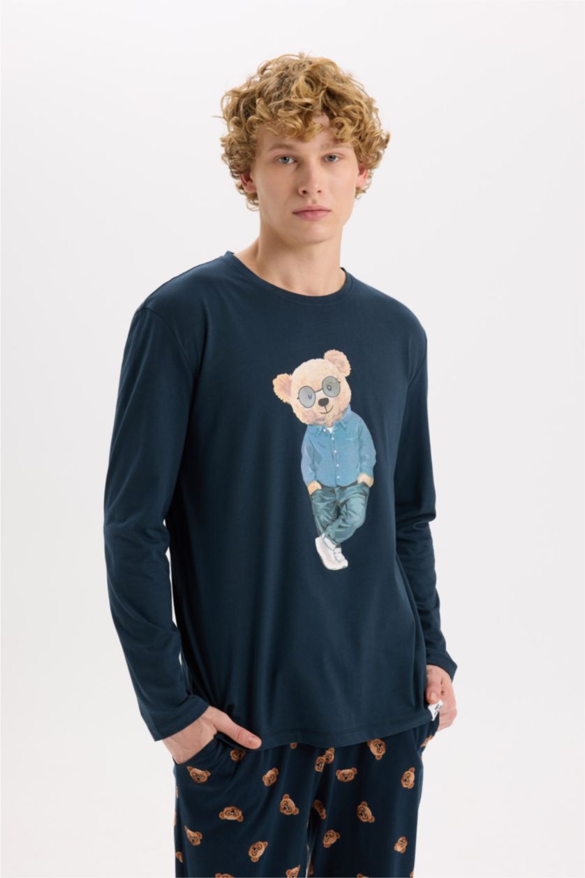 HOMME Indigo Pyjama Top à col rond avec imprimé Ours et manches longues et Pantalon