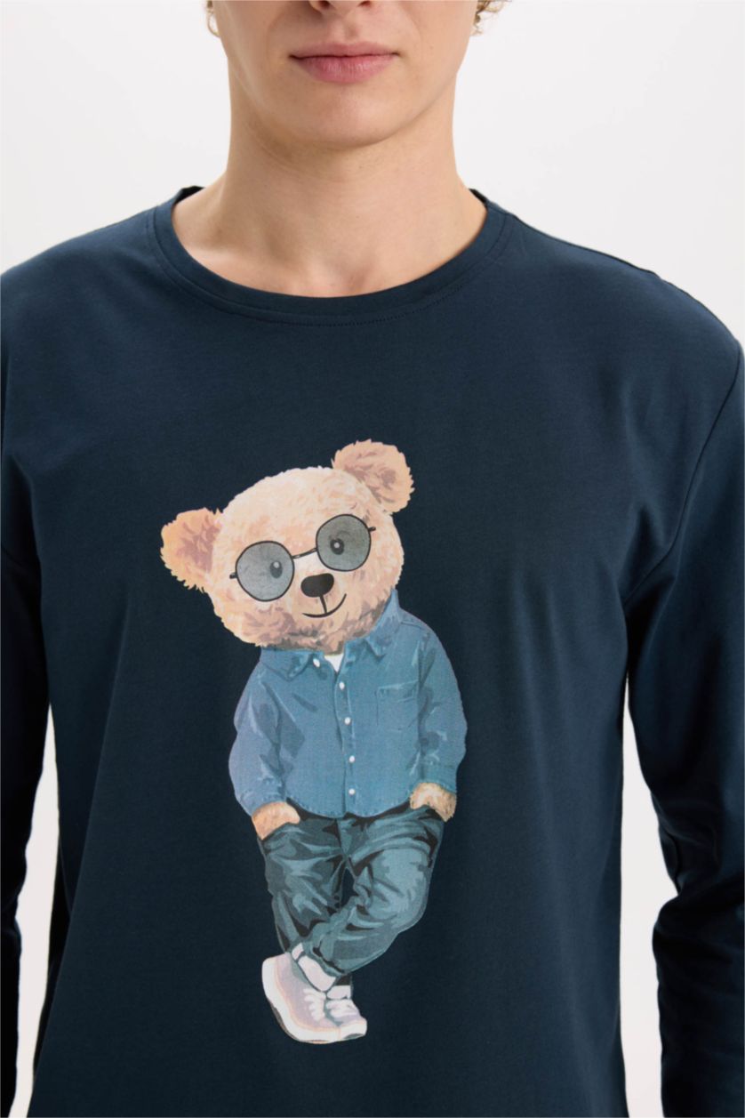 HOMME Indigo Pyjama Top à col rond avec imprimé Ours et manches longues et Pantalon