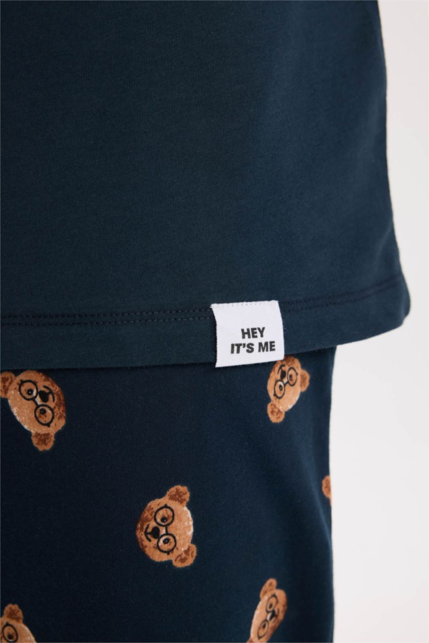 HOMME Indigo Pyjama Top à col rond avec imprimé Ours et manches longues et Pantalon