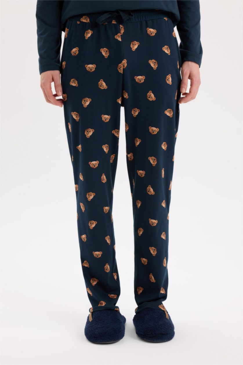 HOMME Indigo Pyjama Top à col rond avec imprimé Ours et manches longues et Pantalon