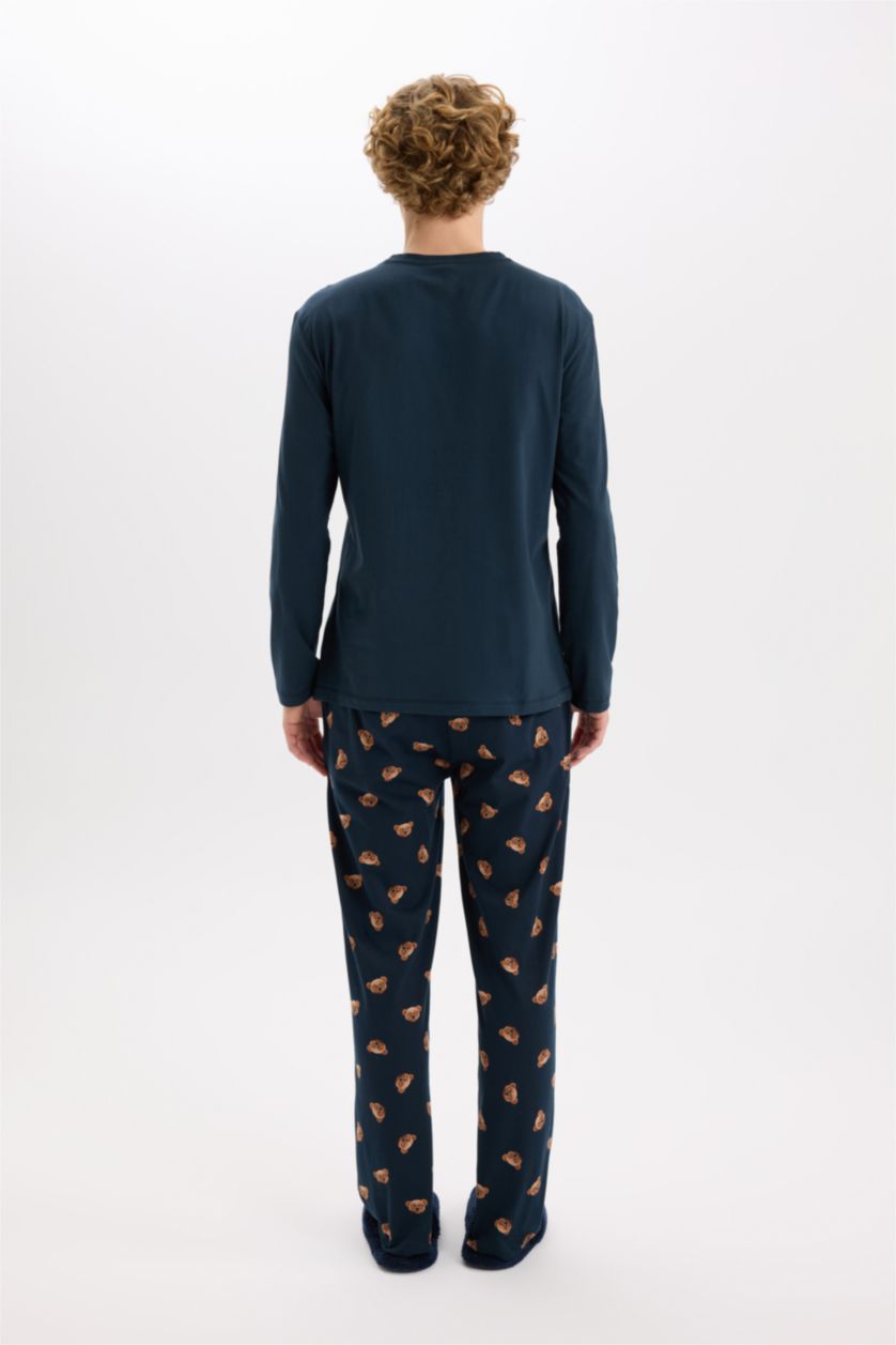 HOMME Indigo Pyjama Top à col rond avec imprimé Ours et manches longues et Pantalon