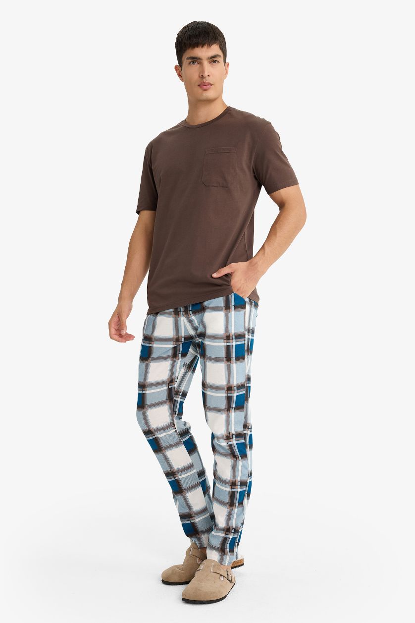 Erkek Açık Kahve %100 Pamuk Pijama Takımı Kısa Kollu Üst Kareli Uzun Alt