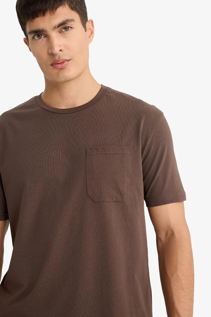 Erkek Açık Kahve %100 Pamuk Pijama Takımı Kısa Kollu Üst Kareli Uzun Alt