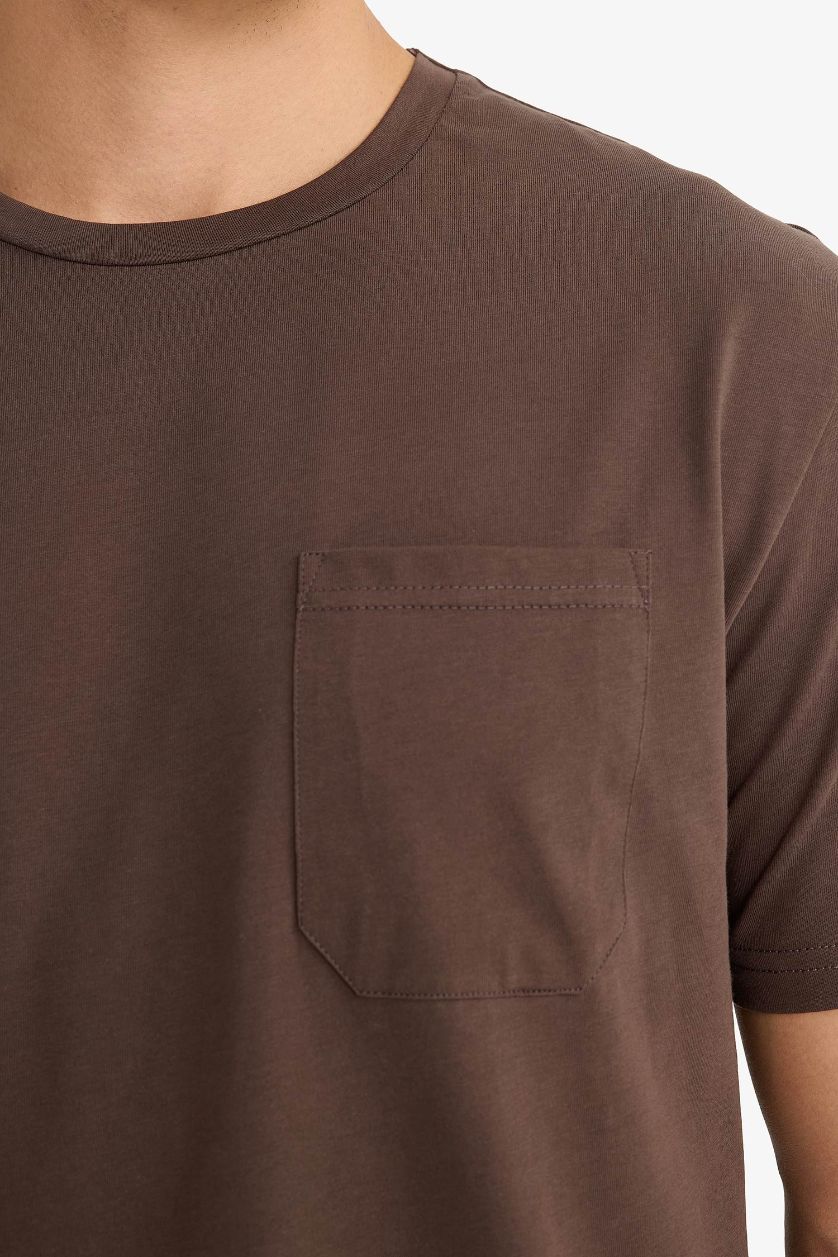 Erkek Açık Kahve %100 Pamuk Pijama Takımı Kısa Kollu Üst Kareli Uzun Alt