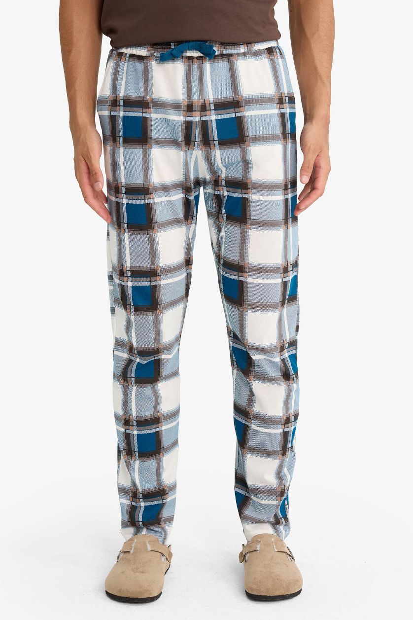 Erkek Açık Kahve %100 Pamuk Pijama Takımı Kısa Kollu Üst Kareli Uzun Alt