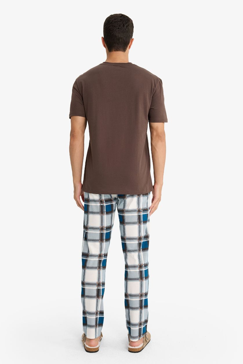 Erkek Açık Kahve %100 Pamuk Pijama Takımı Kısa Kollu Üst Kareli Uzun Alt