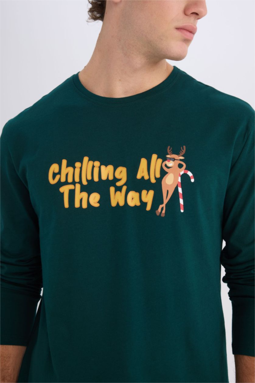 Erkek Koyu Yeşil Yılbaşı Temalı Pijama Takımı Bisiklet Yaka Baskılı Uzun Kollu Üst Uzun Alt