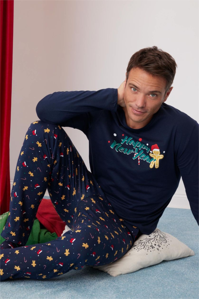 MAN NAVY New Year Themed Top Long Bottom 2 Piece Pajama Set