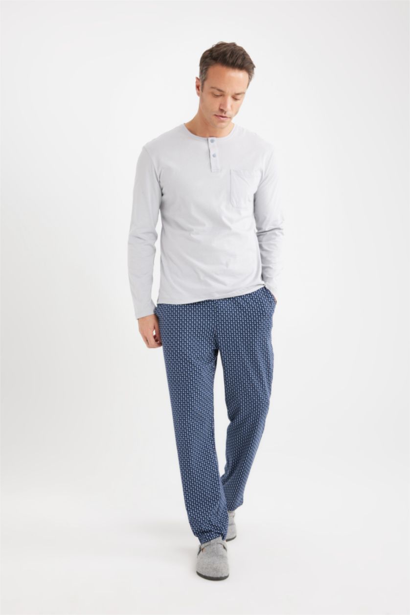 Erkek Açık Gri %100 Pamuk Regular Fit Kareli Cepli Pijama Altı