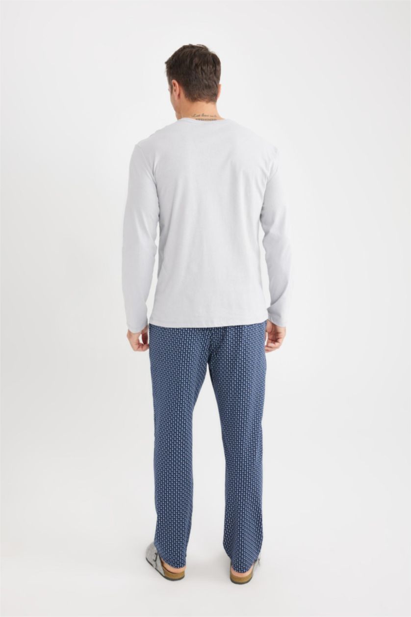 Erkek Açık Gri %100 Pamuk Regular Fit Kareli Cepli Pijama Altı