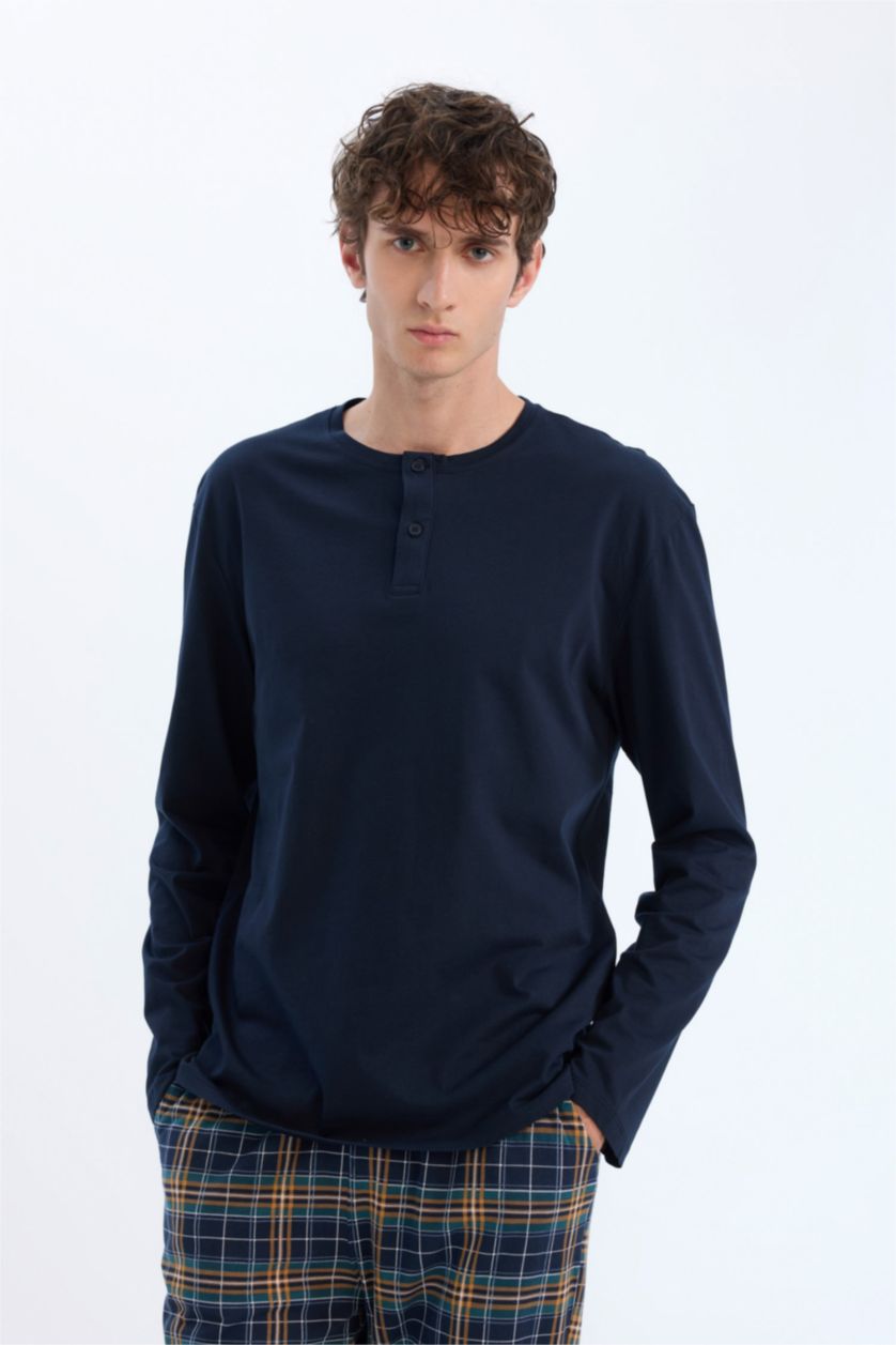 Erkek Lacivert %100 Pamuk Pijama Takımı Regular Fit Uzun Kollu Üst Kareli Uzun Alt