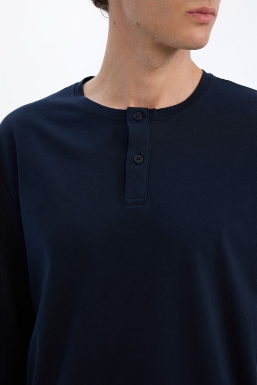 Erkek Lacivert %100 Pamuk Pijama Takımı Regular Fit Uzun Kollu Üst Kareli Uzun Alt