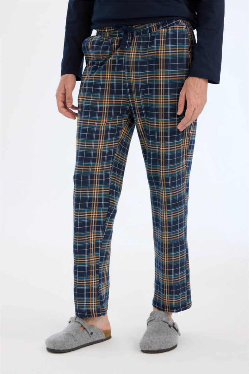 Erkek Lacivert %100 Pamuk Pijama Takımı Regular Fit Uzun Kollu Üst Kareli Uzun Alt