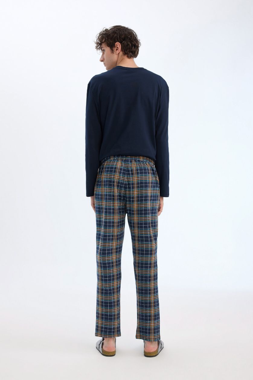 Erkek Lacivert %100 Pamuk Pijama Takımı Regular Fit Uzun Kollu Üst Kareli Uzun Alt