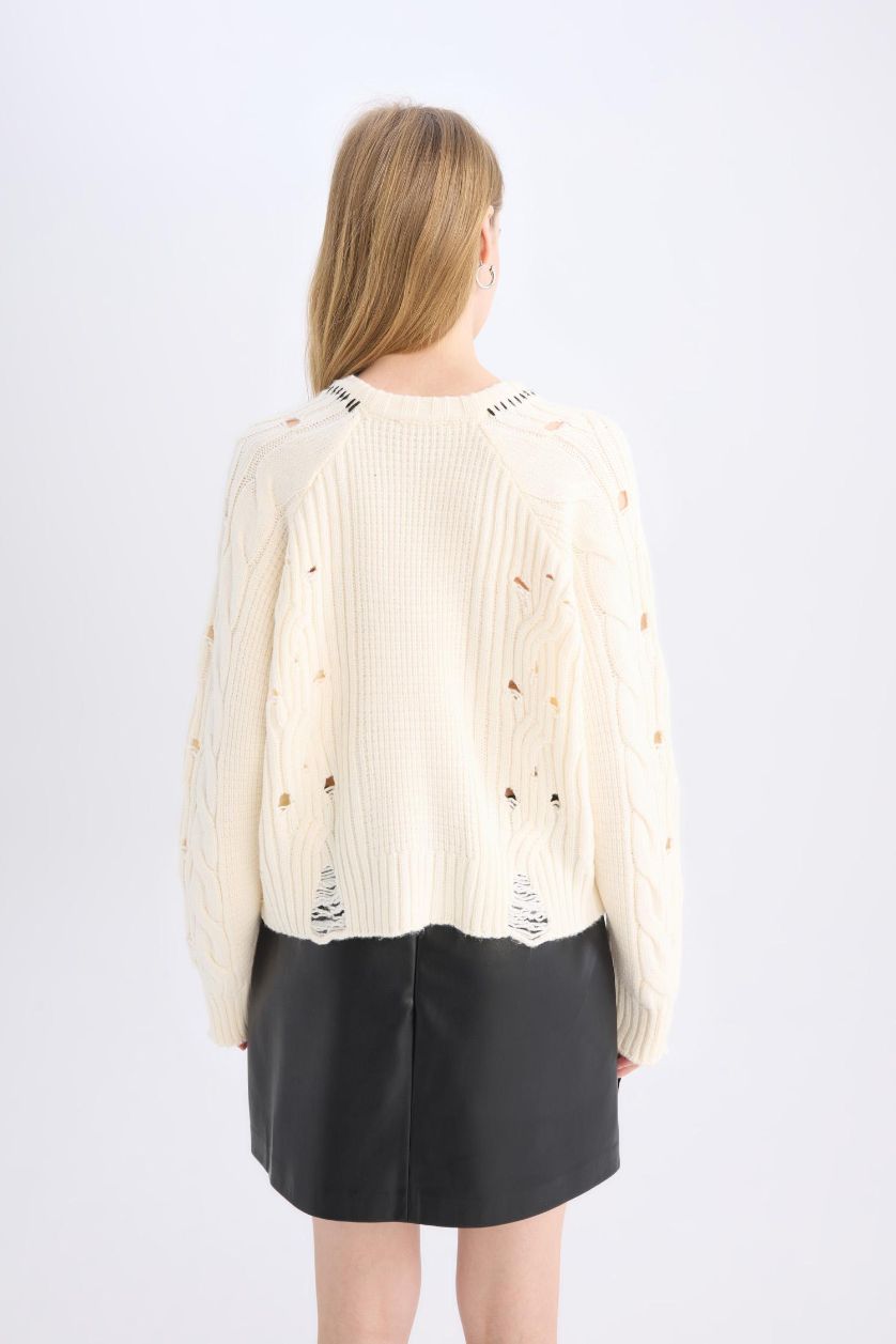 Kadın Ekru Oversize Geniş Kalıp Bisiklet Yaka Triko Kazak