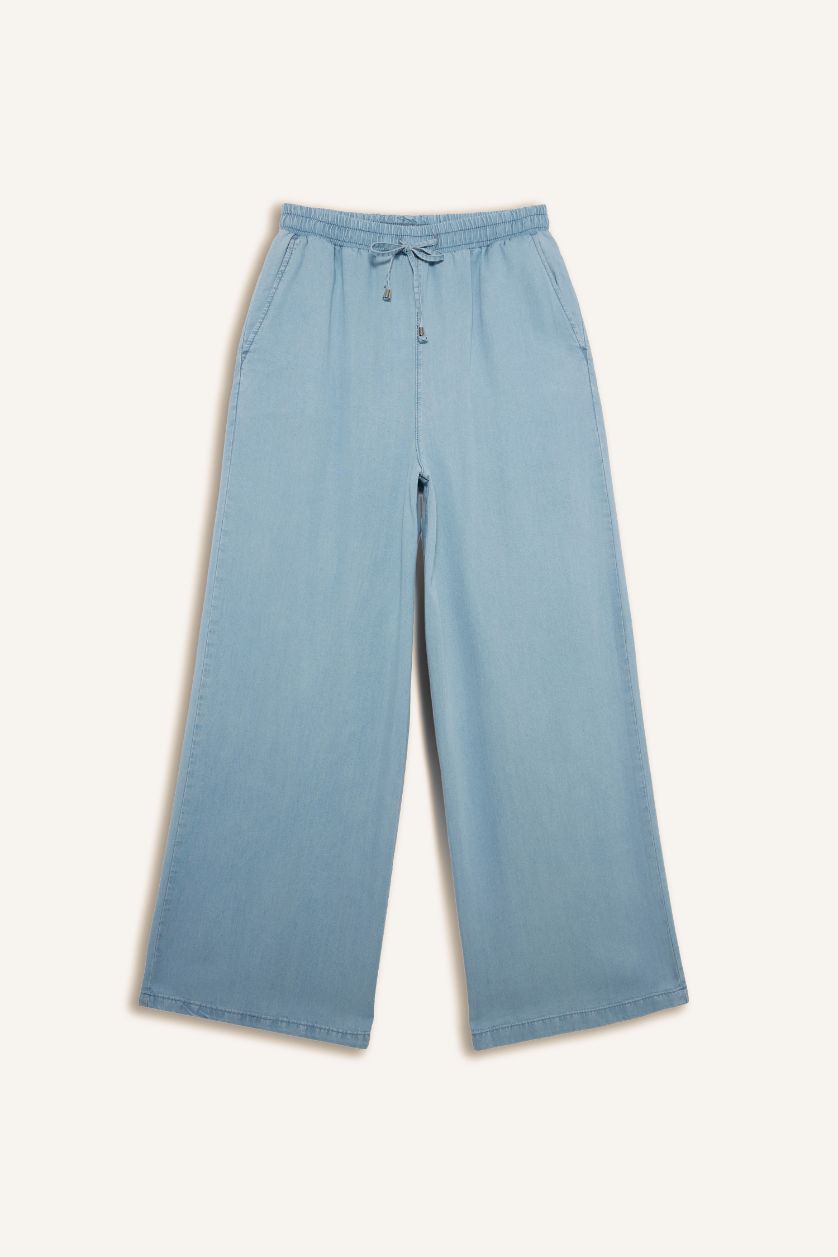 Kadın Açık İndigo Yüksek Bel Düz Paça Tencel Yıkamalı Pantolon